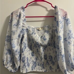 Cream Smocked Blouse with 3/4 Sleeves and Tie Front